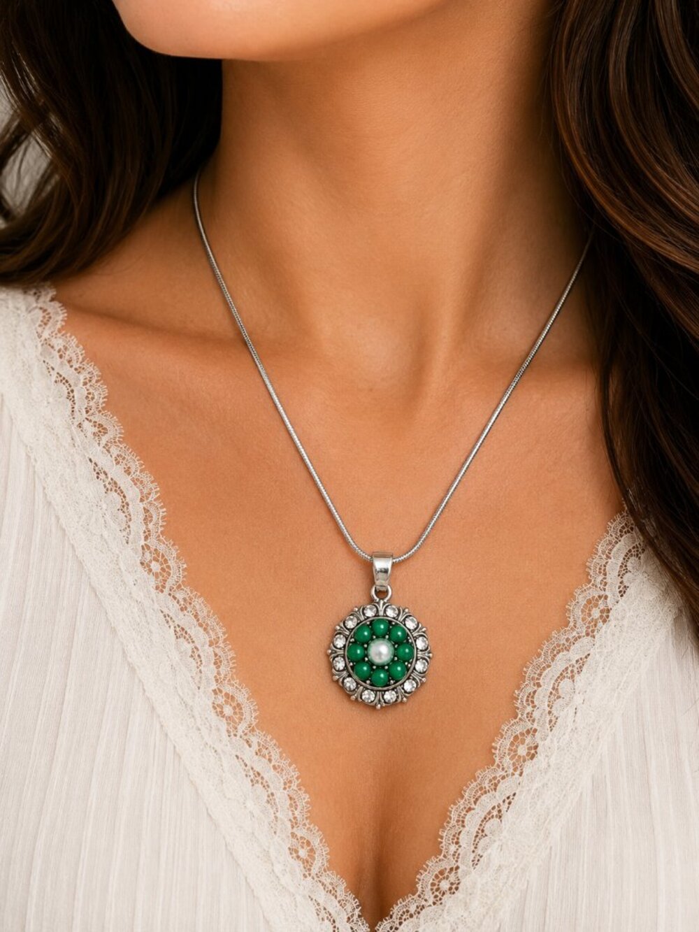 Silver Rhinestone Snap Necklace Green Pearl & Red Flower Interchangeable